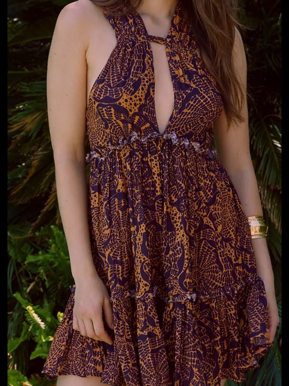 Anthropologie Plunge Twist Back Ruffle Mini Dress Purple Gold Boho